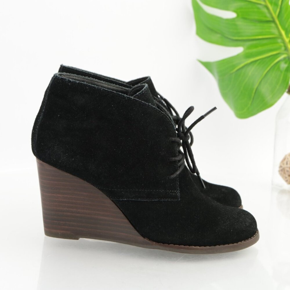 Lucky Brand Womens Yamene Boots Size 7.5 Black Suede Lace Up Wedge Heel Booties